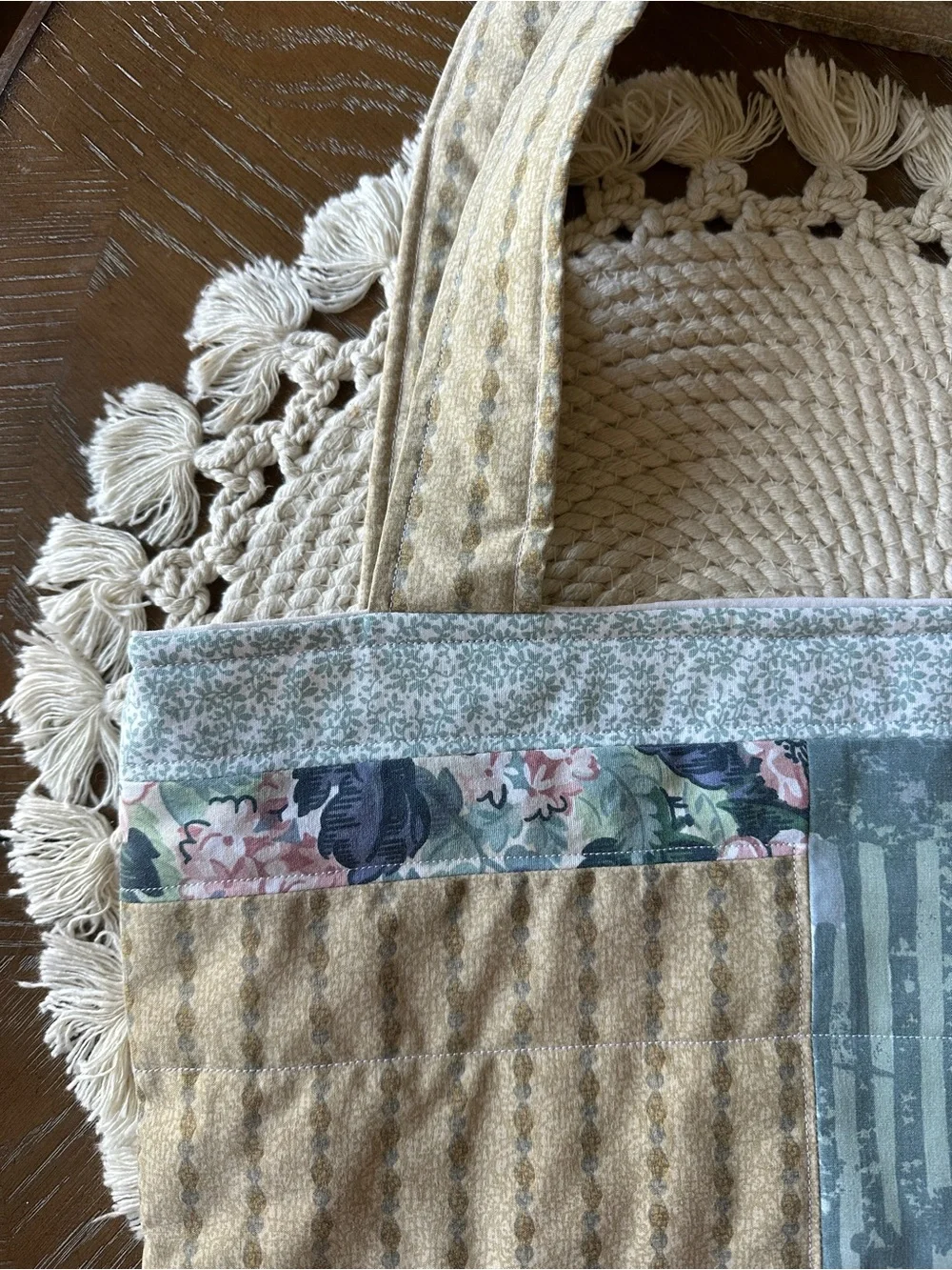 Handmade Patchwork Tote Bag in Blue, Lavender & Cream